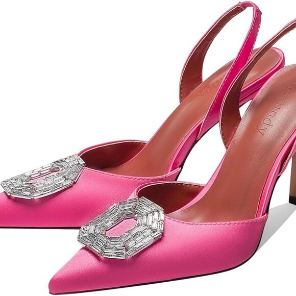 Women’s Satin Rhinestone Slingback Pumps 9cm Pointed Toe Dress Shoes - Picture 1 of 6
